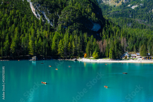 Quadro su tela The Pragser Wildsee (Lago di Braies) in the heart of the UNESCO nature site Dolomites in Italian Alps