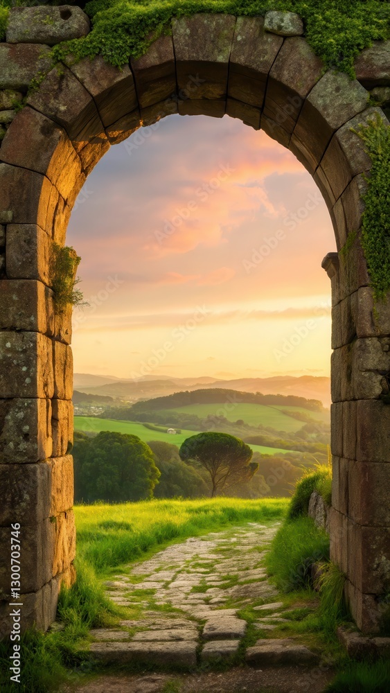 Obraz premium Scenic Ancient Stone Archway Framing Vibrant Landscape at Sunset. Generative AI
