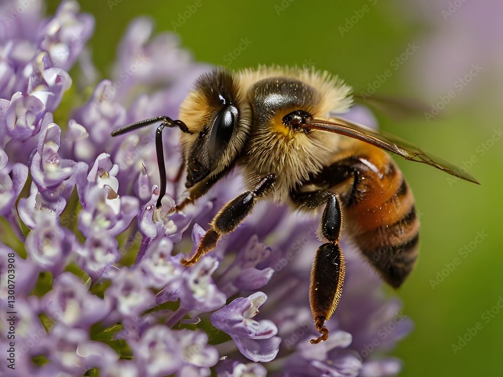 The Busy Bee: a close-up image showcasing a honey bee, meticulously collecting pollen from delicate purple flowers, highlighting the intricate details of nature's tiny worker. The Busy Bee: a close-up image showcasing a honey bee, meticulously collecting pollen from delicate purple flowers, highlighting the intricate details of nature's tiny worker.