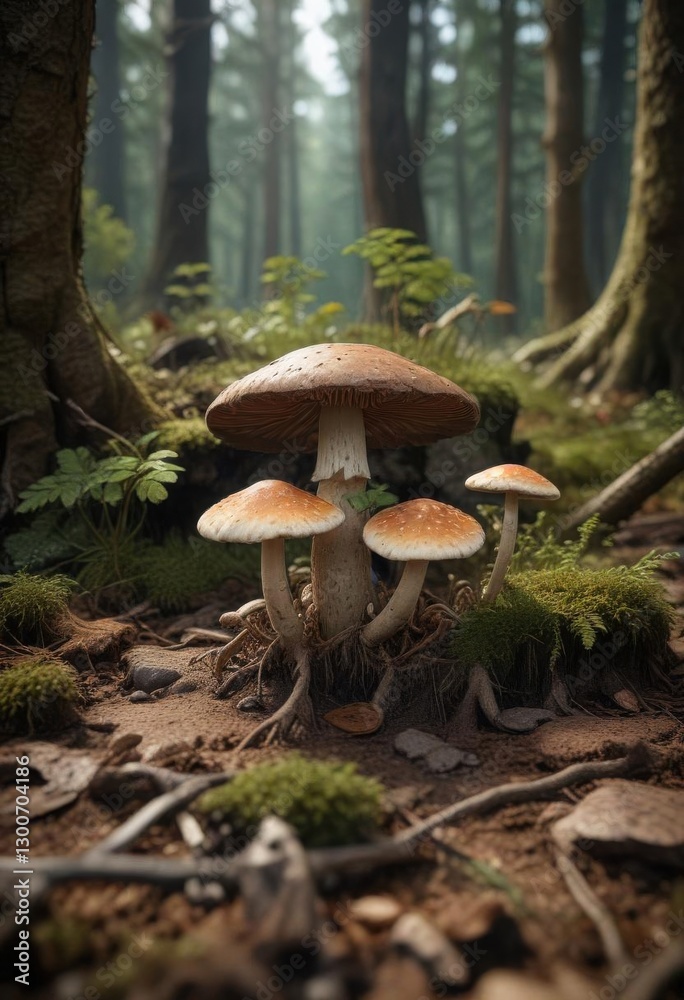 Mushroom growing in the forest floor with exposed roots, natural decay, organic decay, fungi Mushroom growing in the forest floor with exposed roots, natural decay, organic decay, fungi