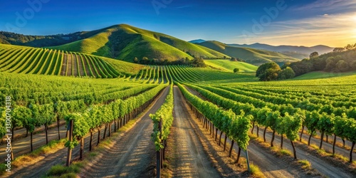 Wallpaper Mural A picturesque vineyard nestled among the hills with rows of neatly planted grapevines stretching towards the sky against a clear blue sky and gentle hills, blue sky, countryside views Torontodigital.ca