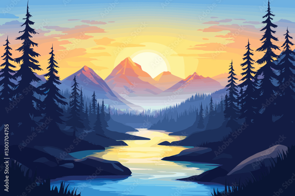 Mountain landscape at sunset with a river and trees, Flat style cartoon vector illustration