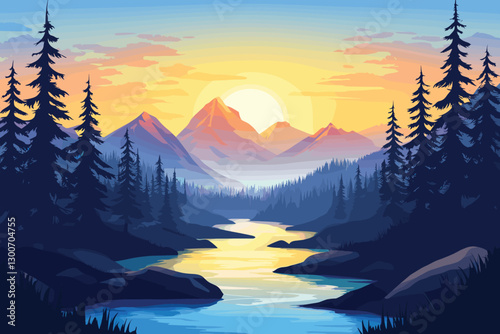 Mountain landscape at sunset with a river and trees, Flat style cartoon vector illustration