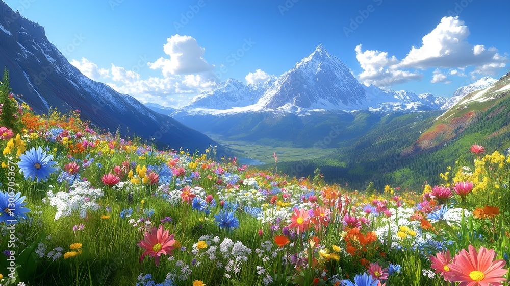 Fototapeta premium alpine meadow with wildflowers blue and yellow flowers in spring