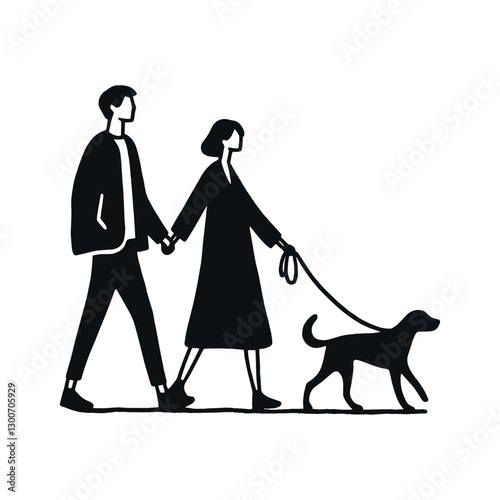 Young couple walking dog on leash, line art icon, monochrome