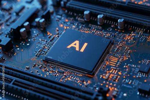 Artificial Intelligence. Electronic chip with the abbreviation AI on a computer motherboard, top view photo
