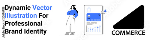 Woman thinking beside phone screen with analytics, chart, and digital icon. Ideal for marketing, branding, e-commerce, technology, business growth, strategy planning flat landing page banner
