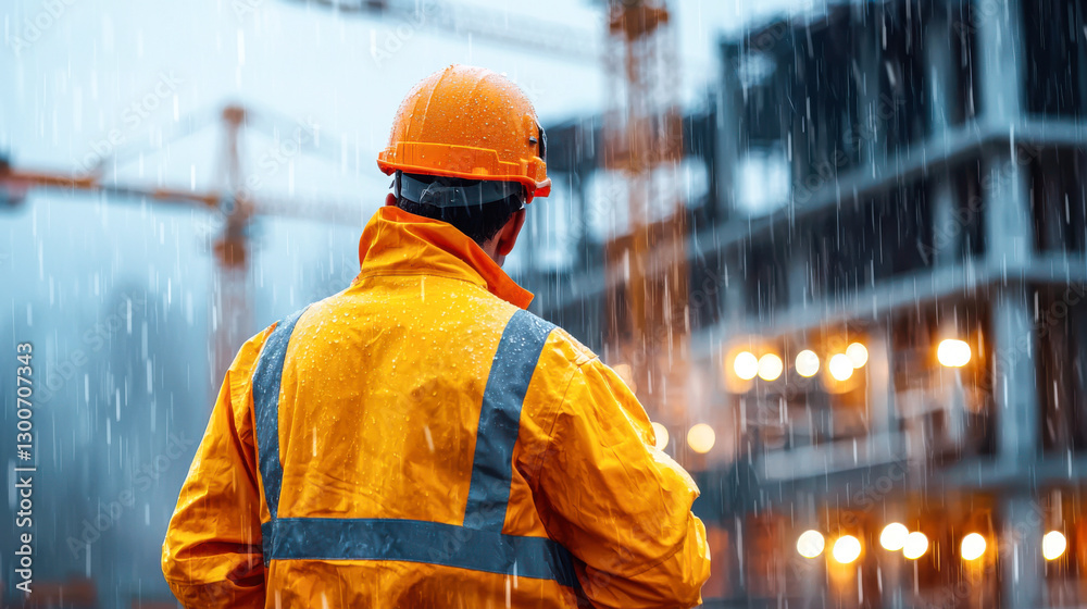 construction worker in yellow raincoat stands in heavy rainfall at construction site, observing work construction worker in yellow raincoat stands in heavy rainfall at construction site, observing work