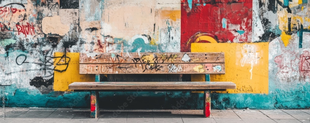 Colorful graffiti-covered wooden bench set against vibrant urban street art reflecting city culture and creative expression Colorful graffiti-covered wooden bench set against vibrant urban street art reflecting city culture and creative expression