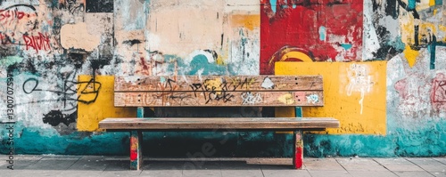 Colorful graffiti-covered wooden bench set against vibrant urban street art reflecting city culture and creative expression