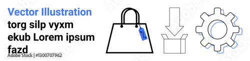 Shopping bag with tag, gearwheel, and box with down arrow signify e-commerce, logistics, technology, retail, shipping, development and process management. Ideal for flat landing page banner