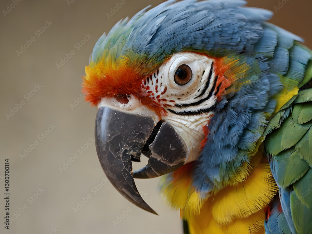 Fototapeta premium Colorful Parrot's Close-up Portrait: A vivid close-up captures the stunning colors and intricate details of a parrot, showcasing its sharp beak, intelligent eyes, and vibrant plumage.