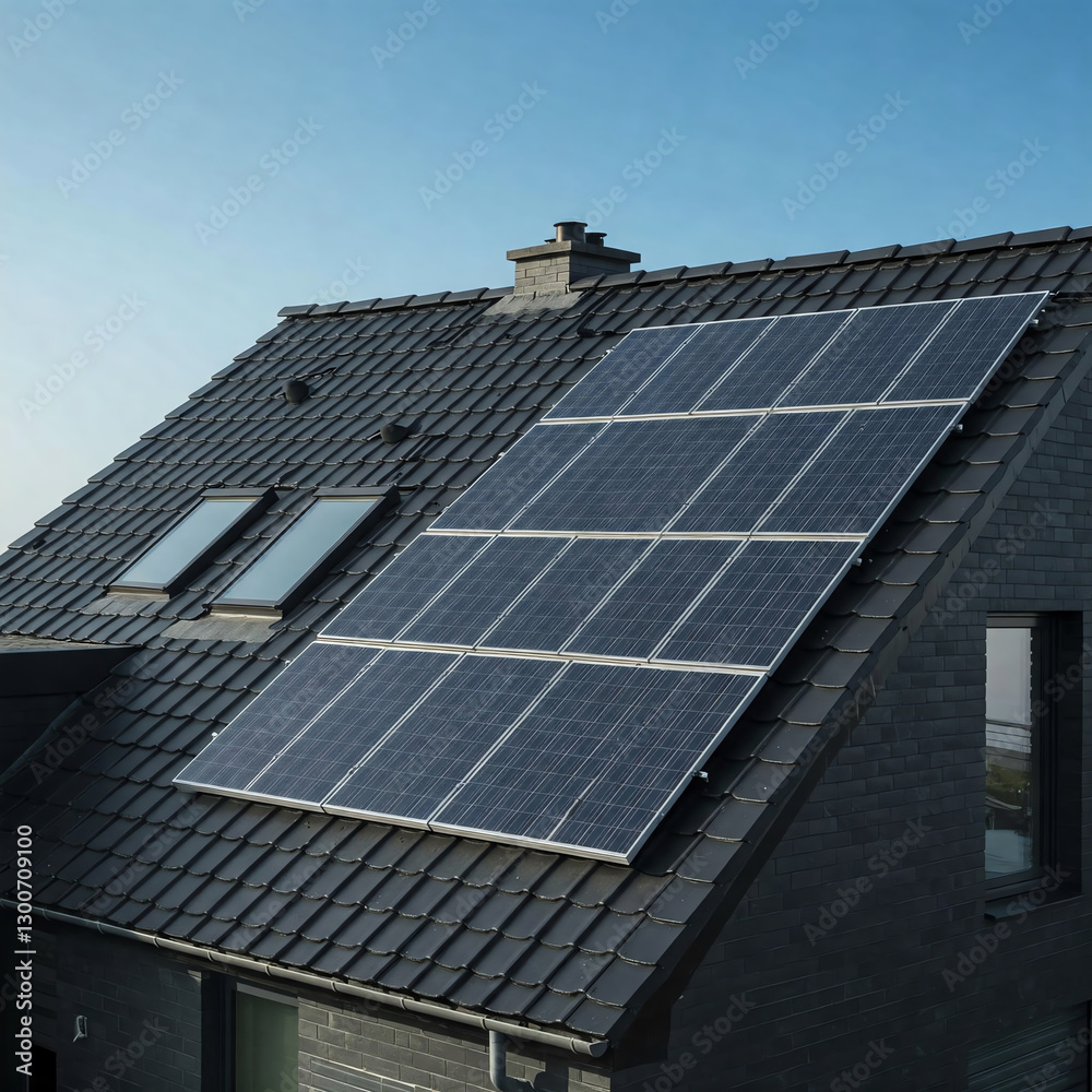 Modern house with blue solar panels on the roof. End of the day, sunset. Idyllic atmosphere Modern house with blue solar panels on the roof. End of the day, sunset. Idyllic atmosphere