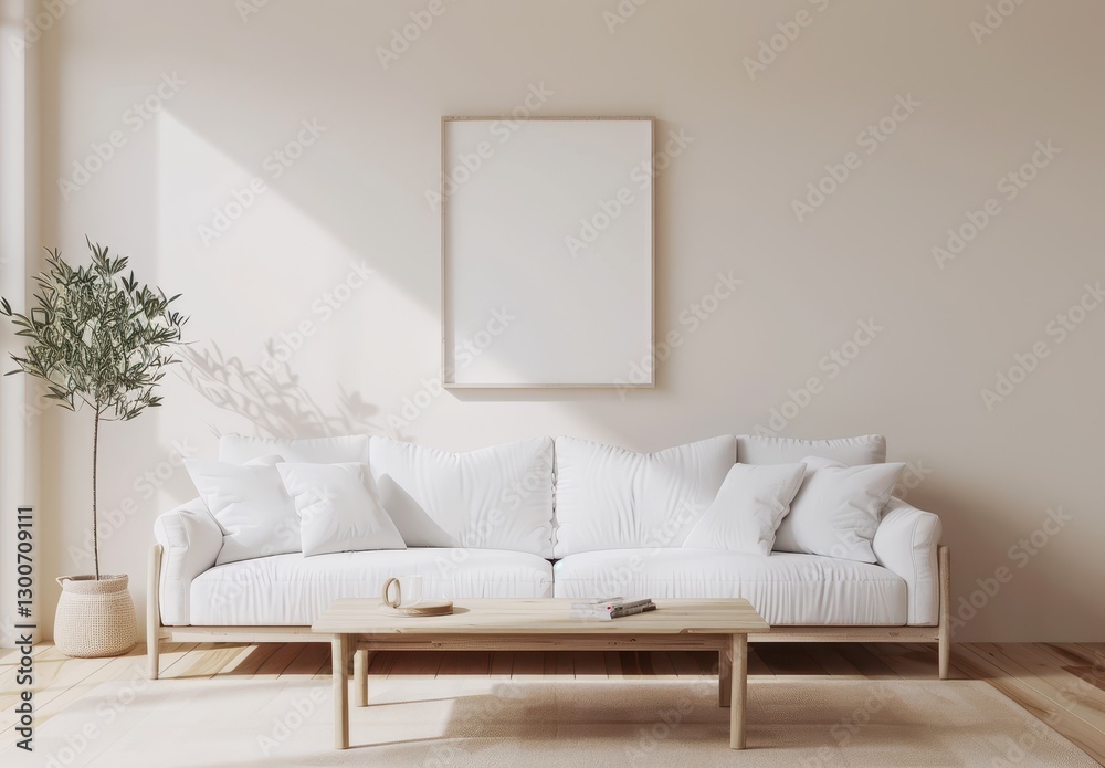 Fototapeta premium Minimalist living room with white couch. wooden coffee table. and a framed artwork on the wall The room is bathed in warm natural light