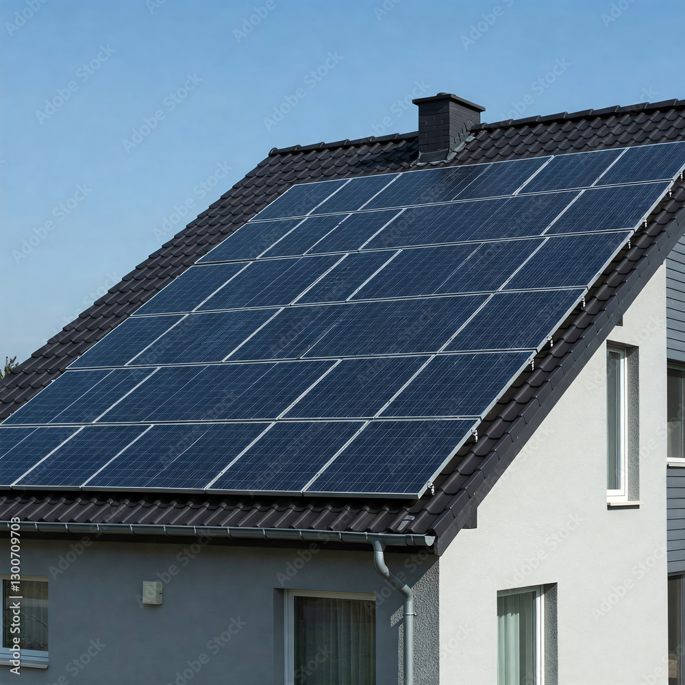 Modern house with blue solar panels on the roof. End of the day, sunset. Idyllic atmosphere Modern house with blue solar panels on the roof. End of the day, sunset. Idyllic atmosphere