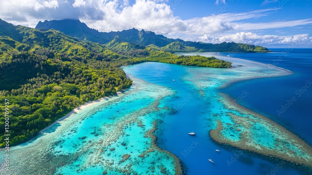 Scenic aerial view of vibrant coral reef and lush green mountains in tropical island Scenic aerial view of vibrant coral reef and lush green mountains in tropical island
