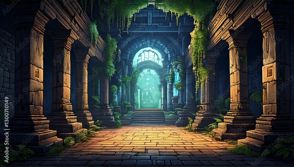 Obraz premium レトロゲーム風の自然のピクセルアート背景（古代の神殿） Generative AI