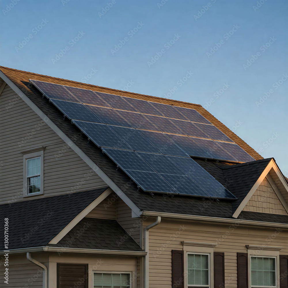 Modern house with blue solar panels on the roof. End of the day, sunset. Idyllic atmosphere Modern house with blue solar panels on the roof. End of the day, sunset. Idyllic atmosphere