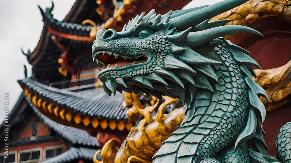 Fototapeta premium Guardian Dragon Statue: A captivating close-up of a majestic dragon statue, guarding an ancient temple with intricate architecture. Its scales gleam in the soft light, embodying power.