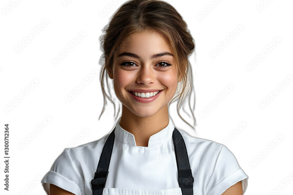 Neutral-Lit, Smiling Waitress in Work Setting for Restaurant or Cafe Usage, Clean and Minimalist Composition for Editorial, Commercial, or Advertising P urposes Neutral-Lit, Smiling Waitress in Work Setting for Restaurant or Cafe Usage, Clean and Minimalist Composition for Editorial, Commercial, or Advertising P urposes