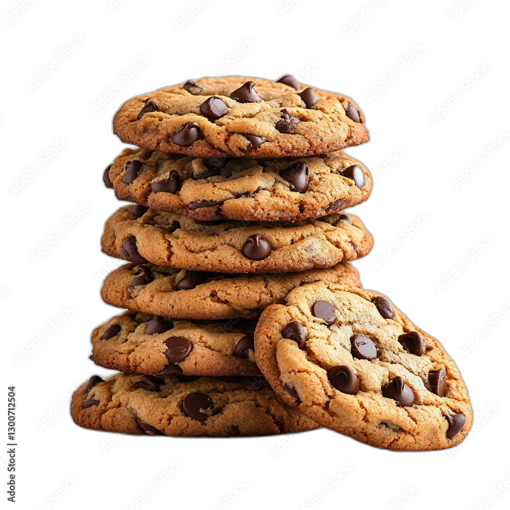 Stunning Stack of Freshly Baked Chocolate Chip Cookies on a Crisp White Background, Perfect for Food Photography and Bakeries Stunning Stack of Freshly Baked Chocolate Chip Cookies on a Crisp White Background, Perfect for Food Photography and Bakeries