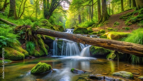 Natural water feature with cascading stream surrounded by lush greenery and a large fallen tree trunk in a forest setting, nature