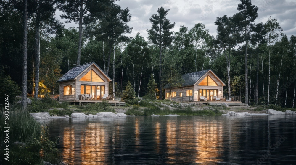 Tranquil Lake Dusk with Charming Rustic Cabins Tranquil Lake Dusk with Charming Rustic Cabins