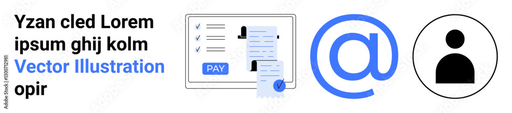 Computer monitor displaying payment details and invoice, large email symbol, person icon. Ideal for digital payments, billing systems, online identity, email communication, user accounts, finance