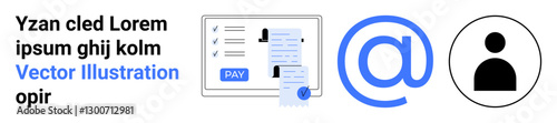 Computer monitor displaying payment details and invoice, large email symbol, person icon. Ideal for digital payments, billing systems, online identity, email communication, user accounts, finance
