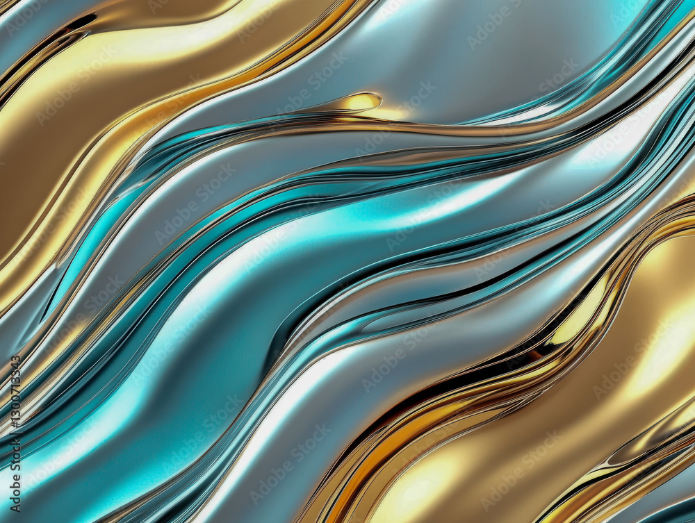 Obraz premium Luxurious metallic turquoise and gold waves flowing seamlessly
