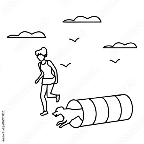 Doggy Coming out of Agility Tunnel with his Teacher outline concept, Dog handler working together in competition vector icon, Pet foster hotel Symbol, kennel animal Sign, Human-animal interaction 