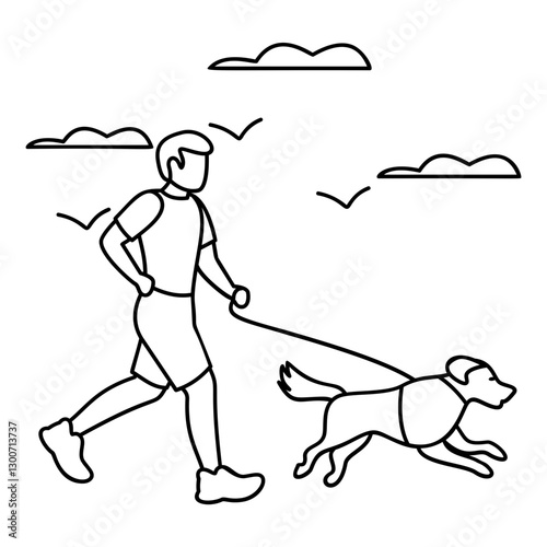 dog going thru frenetic random activity period outline concept, Man wearing jogging suit with his doggy vector icon design, Pet foster and hotel Symbol, kennel animals Sign, Human-animal interaction 