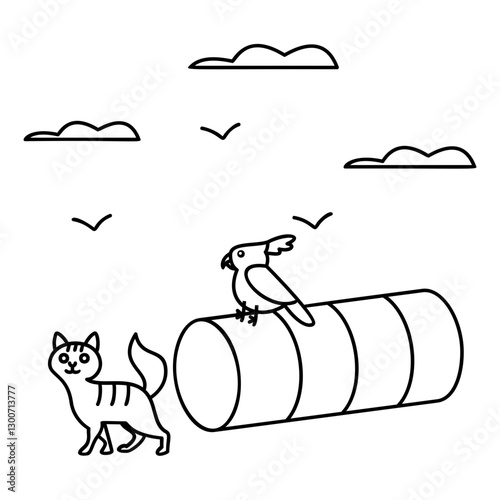 Cat get Basic Tunnel Training outline concept, Parrot Sitting at edge of obstacle vector design, Pet foster and hotel Symbol, kennel animals Sign, Human-animal interaction scene illustration