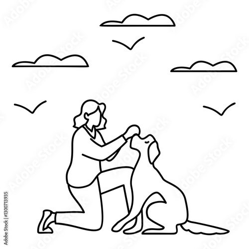 Dog Sniffing the Trainer Hands outline concept, Puppy recognizing the Owner vector icon design, Pet foster and hotel Symbol, kennel animals Sign, Human-animal interaction scene illustration