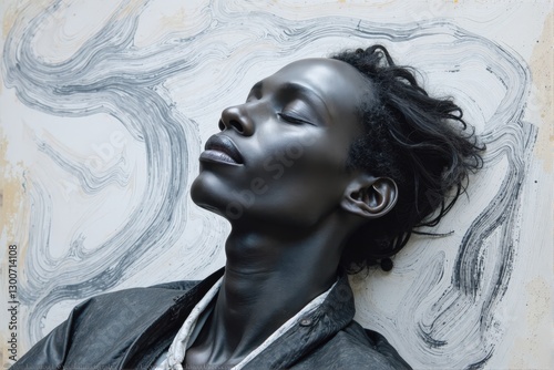 Close up portrait of a young Black woman with eyes closed, lying down against a marble-swirl background.  Suitable for fashion, beauty, or art.