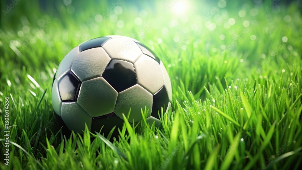 Fototapeta premium A soccer ball partially covered in green grass, with some blades visible through the threads of the ball, and a slight dew effect on the grass , grass, soccer ball