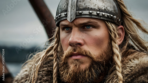Viking Warrior's Gaze: A portrait of a strong viking warrior, capturing his intense focus and embodying the spirit of a fierce warrior.