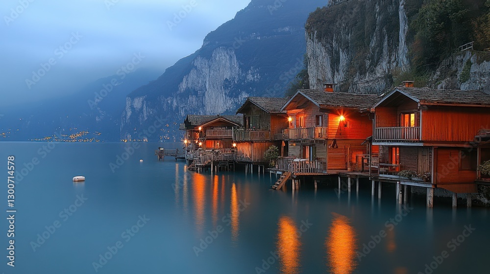 Fototapeta premium Tranquil Lakeside Cabins at Dusk with Soft Light