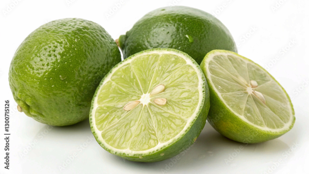 Whole and halved limes, with their bright green color and juicy interior, are presented on a white surface with water droplets, emphasizing their freshness Whole and halved limes, with their bright green color and juicy interior, are presented on a white surface with water droplets, emphasizing their freshness