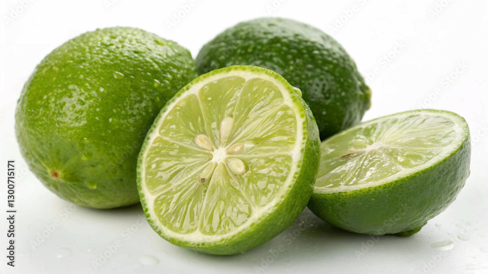 The image showcases whole and halved limes, their textured peel and juicy flesh highlighted against a white backdrop with water droplets The image showcases whole and halved limes, their textured peel and juicy flesh highlighted against a white backdrop with water droplets