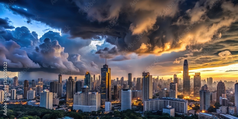 Fototapeta premium Dramatic panoramic view of a cityscape at dusk with towering skyscrapers and dark stormy clouds covering the sky, dark clouds, stormy sky