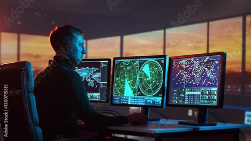 Air traffic controller intently monitors flight data on multiple computer screens in a modern control tower.