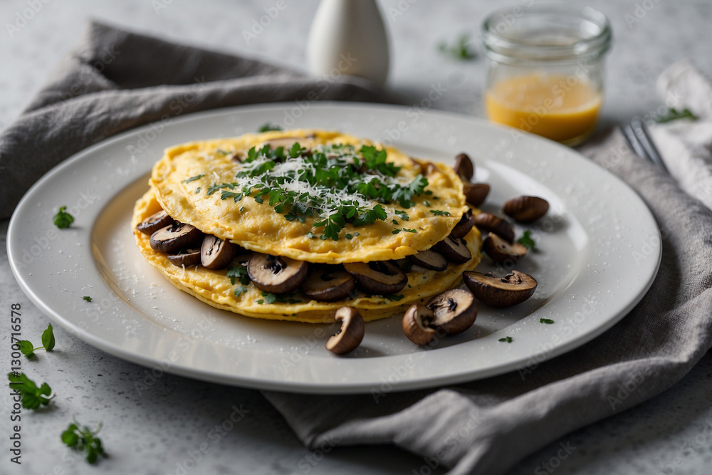 Light and airy omelet with sautéed mushrooms and parmesan, served on a white dish with a modern and clean aesthetic Light and airy omelet with sautéed mushrooms and parmesan, served on a white dish with a modern and clean aesthetic