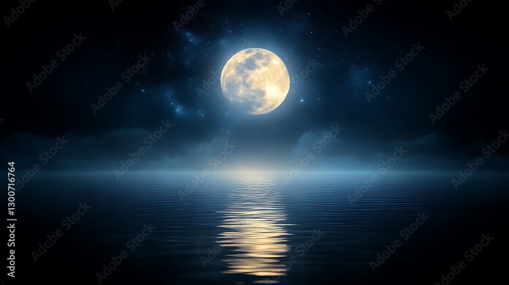 Serene Nighttime Ocean Scene With Full Moon And Stars Serene Nighttime Ocean Scene With Full Moon And Stars
