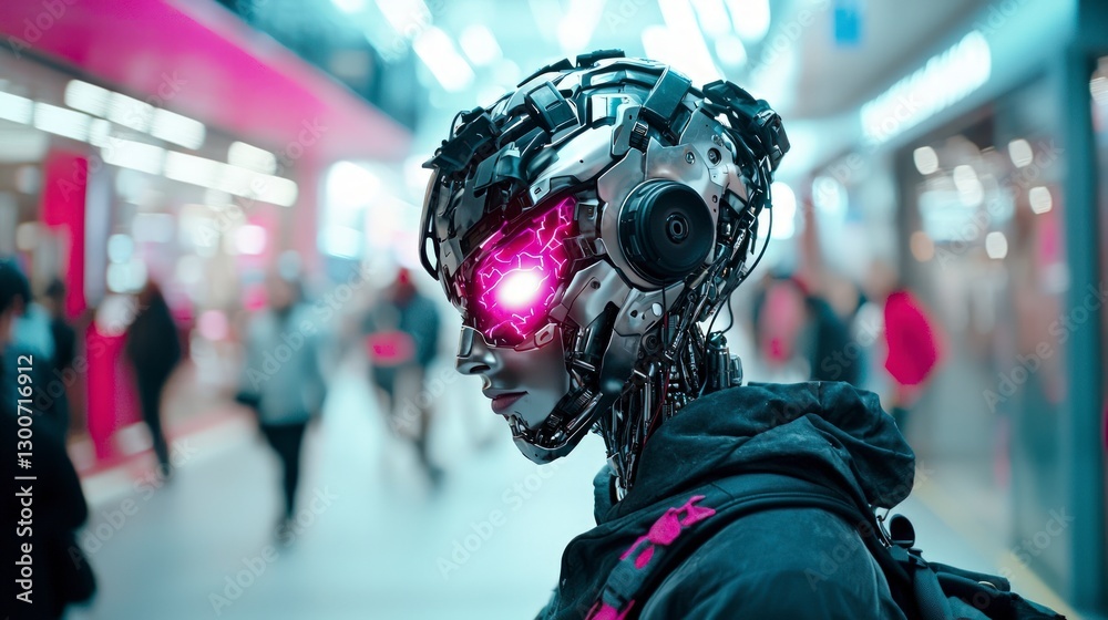 Fototapeta premium Futuristic Android Robot in Neon City AI Cyborg Technology