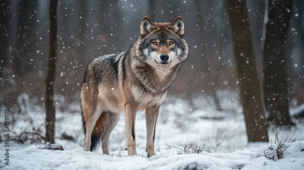 Obraz premium Majestic wolf standing in snow-covered forest amid falling snowflakes