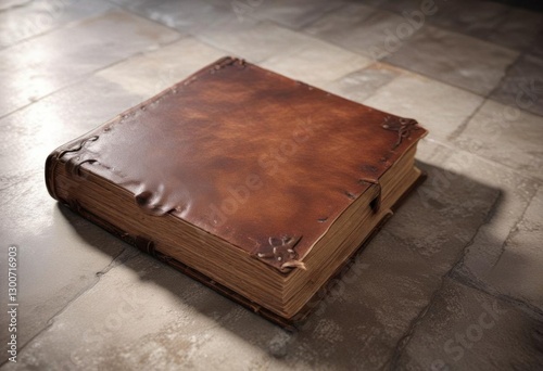 Old leather-bound book lying open on a stone floor with no dust,  stone,  ancient, leather
