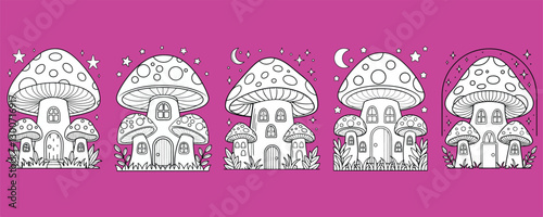 Charming mushroom houses in a whimsical night scene.