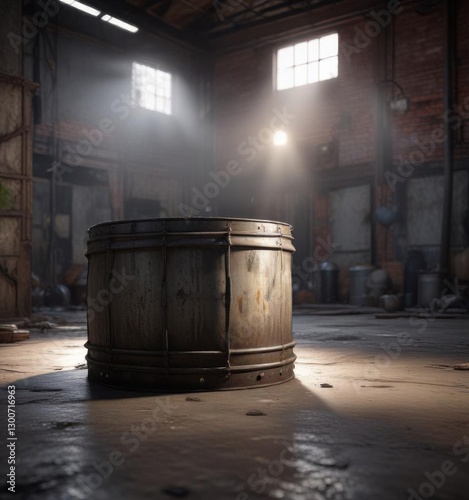 Old metal drum in a dimly lit abandoned warehouse ,  darkness,  rust