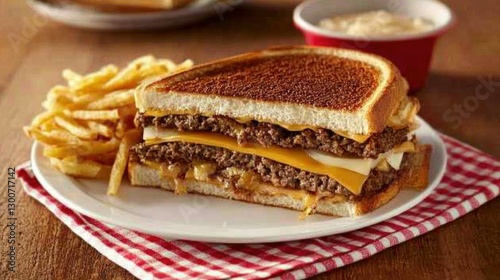 a Whataburger patty melt on a white plate with a red gingham napkin. The sandwich is sliced in half photo